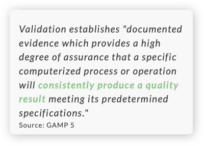 Validation establishes "documented evidence which provides a high degree of assurance that a specific computerized process or operation will consistently produce a quality result meeting its predetermined specifications."  Source: GAMP 5